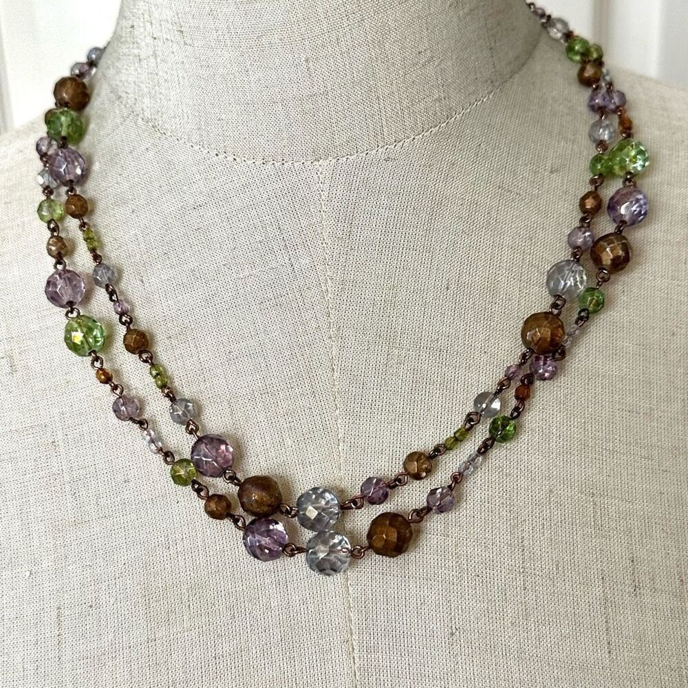 Purple and green long beaded necklace